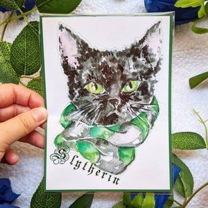Slytherin Harry Potter Cat Art Print, Hand-painted Cute HP Watercolor Drawing